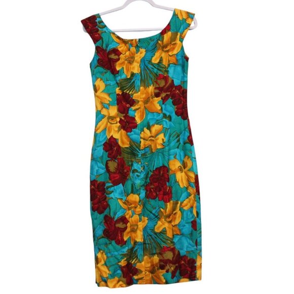 Vintage 80s Gillian Sheath Dress Size 8 Multicolor Floral 100% Silk Tropical - Picture 9 of 12